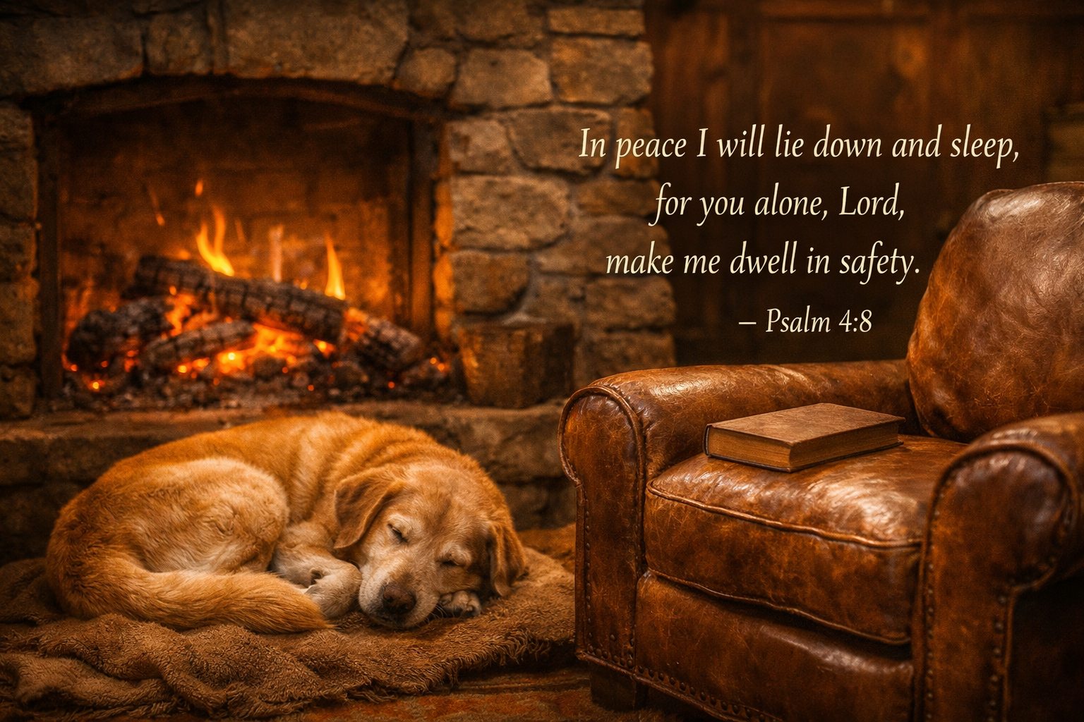 Bible verse wallpaper Psalm 4:8 with old dog sleeping by stone fireplace with glowing embers and leather chair